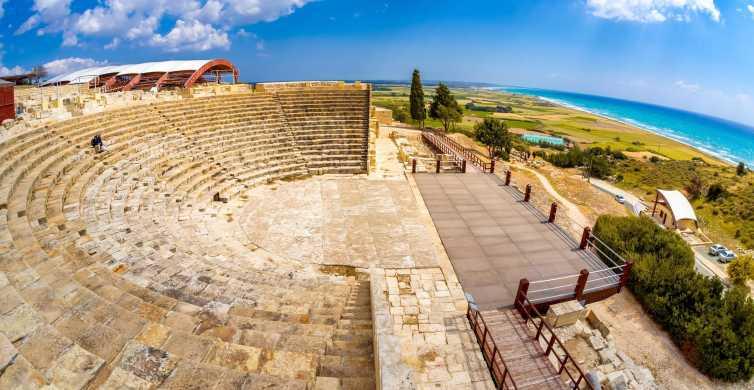 <h3>ANCIENT KOURION</h3>About a 30-minute drive west of Limassol, Ancient Kourion is an archaeological site showcasing well-preserved Greco-Roman ruins. Highlights include an impressive amphitheater overlooking the Mediterranean Sea, ancient houses, a Roman bathhouse, and mosaics. The site offers a glimpse into Cyprus's ancient past and provides stunning views of the surrounding countryside.